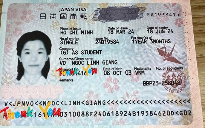 Chúc mừng bạn Võ Ngọc Linh Giang đã có visa du học Nhật Bản